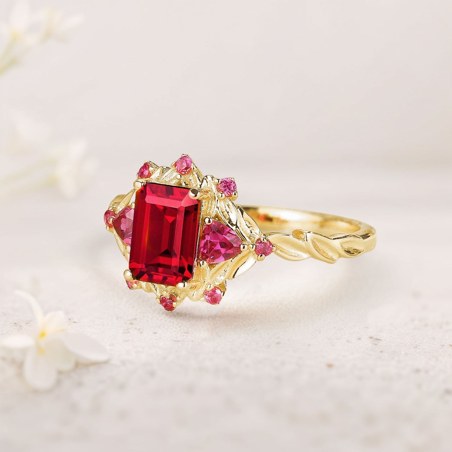 Unique floral engagement rings Emerald Cut Ruby Floral Engagement Ring Ruby Halo Wedding Ring