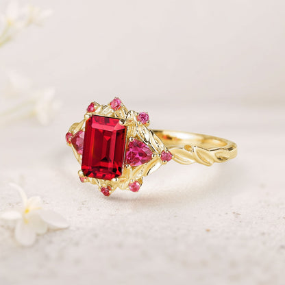 Unique floral engagement rings Emerald Cut Ruby Floral Engagement Ring Ruby Halo Wedding Ring