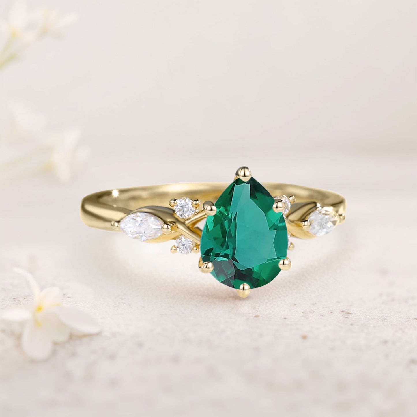 Unique Pear Lab Emerald Split Shank Engagement Ring