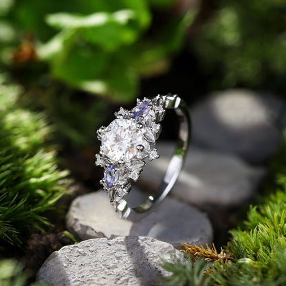 Unique Briar Rose Three Stone Round Moissanite Ring