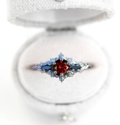 Unique Celeste Rose Round Garnet and Black Moissanite Ring