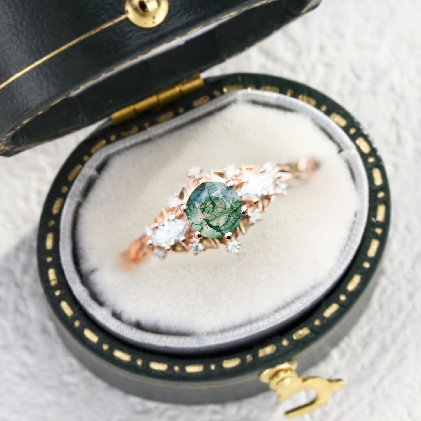 Unique Briar Rose Round Moss Agate and Moissanite Ring