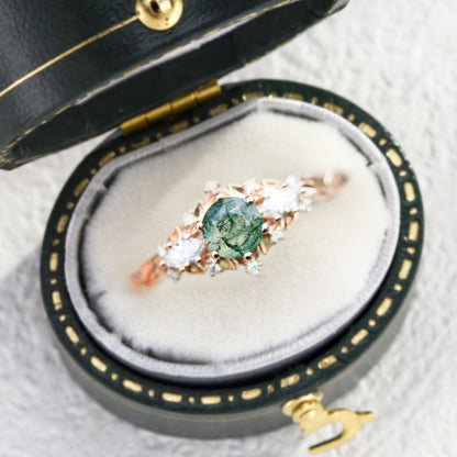 Unique Briar Rose Round Moss Agate and Moissanite Ring