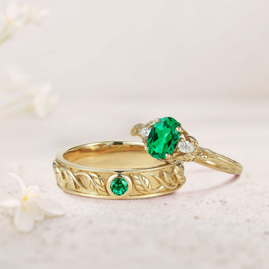 Unique Leaf Design Oval Lab Emerald and Moissanite Wedding Ring Promise Ring for Couples