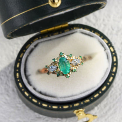 Unique Briar Rose Three Stone Oval Lab Emerald Engagement Ring