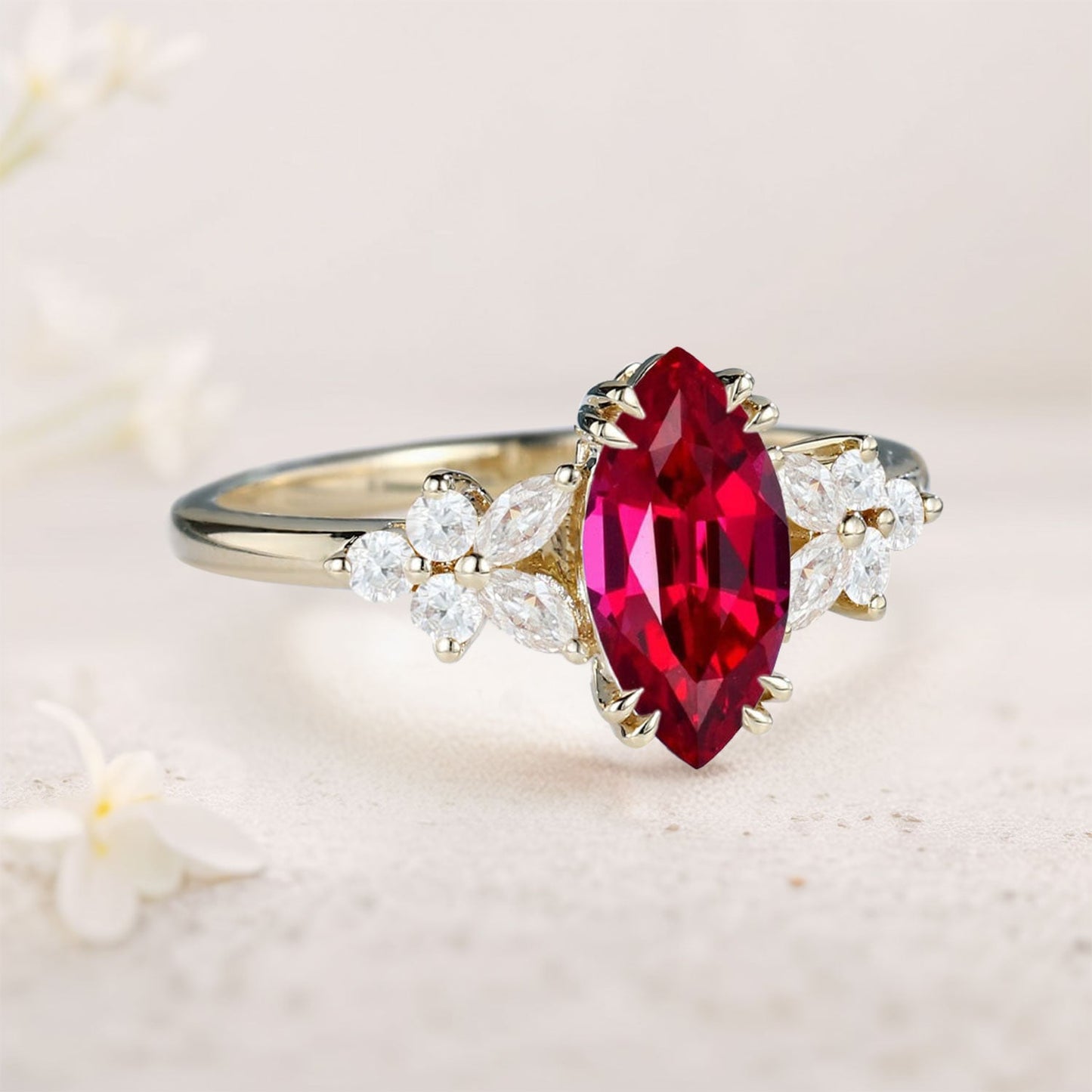 Unique Marquise Lab Ruby Engagement Ring Floral Elegance Bridal Ring