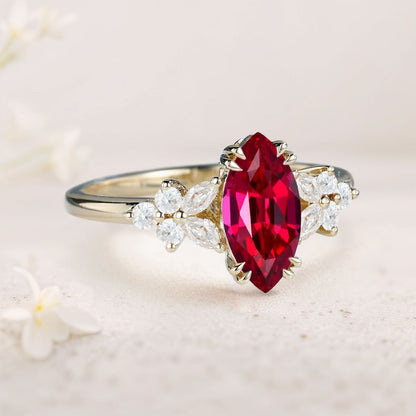 Unique Marquise Lab Ruby Engagement Ring Floral Elegance Bridal Ring