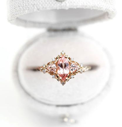 Unique Floral Rose Three Stone Marquise Padparadscha Ring