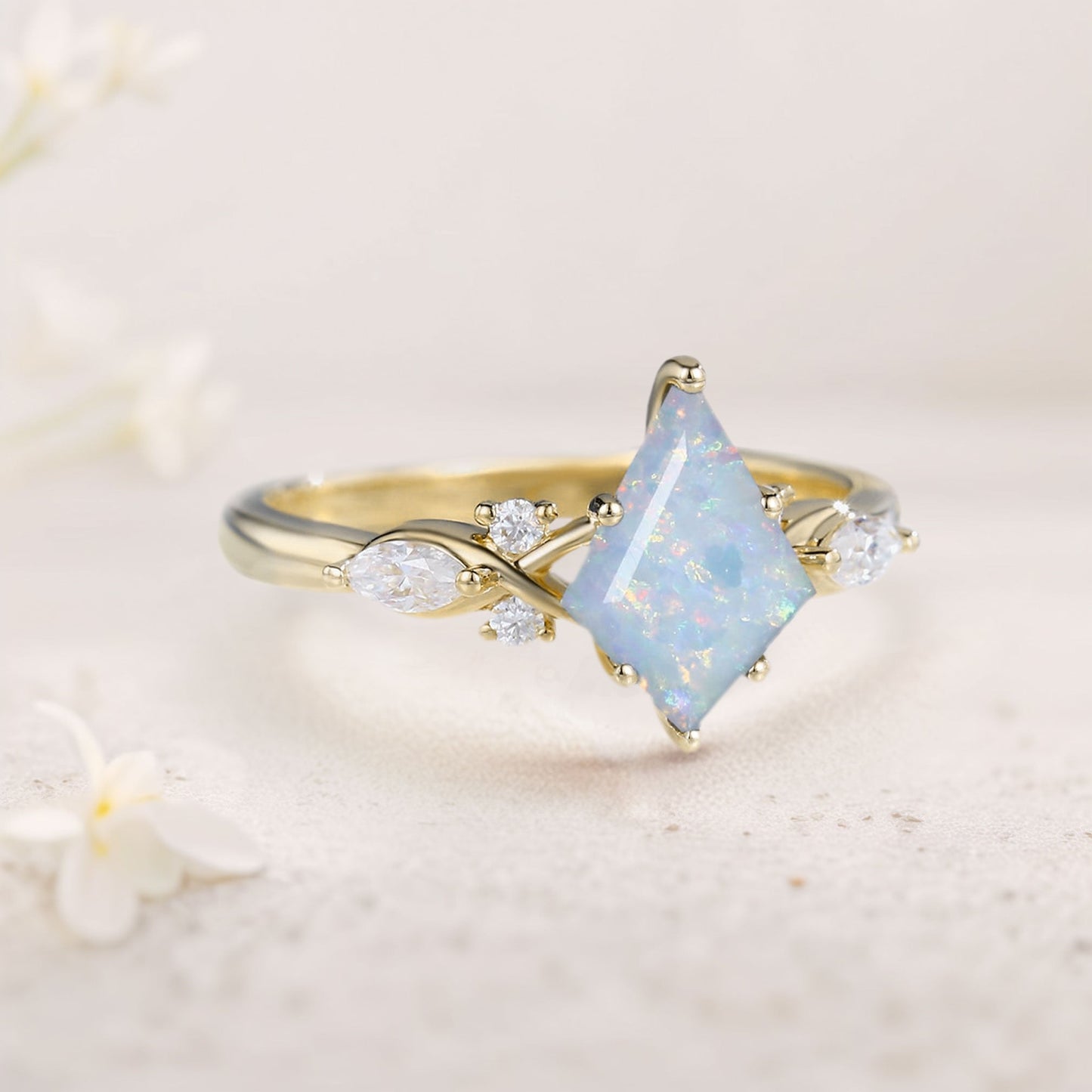 Unique Kite Lab Opal Engagement Ring Art Deco Promise Ring