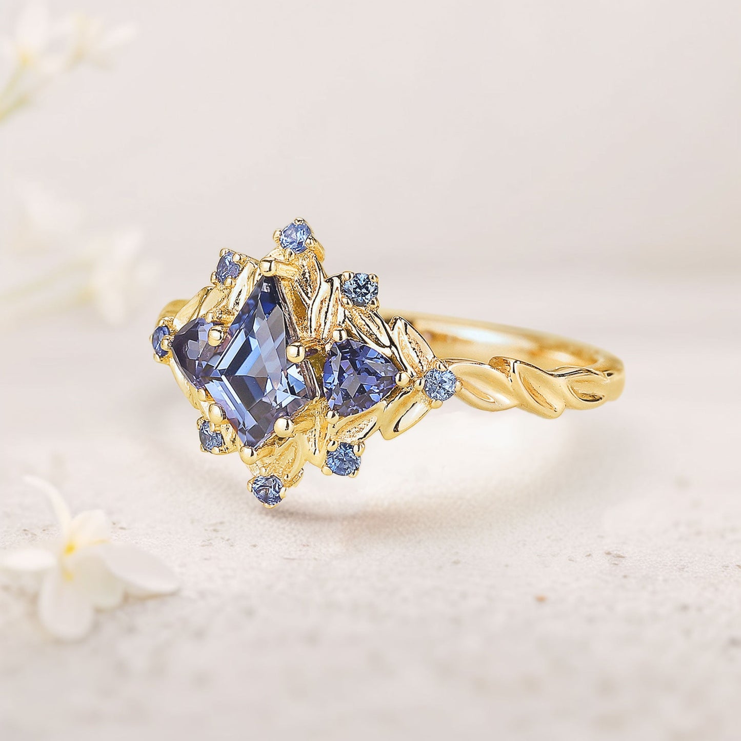 Unique floral engagement rings Kite Lab Sapphire Engagement Ring Leaf Flower Wedding Ring