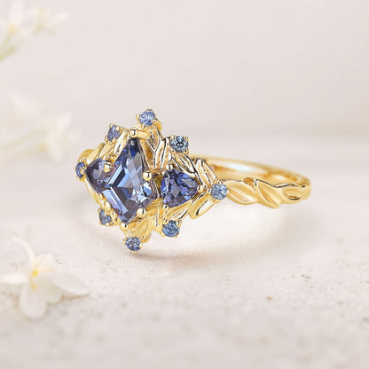 Unique floral engagement rings Kite Lab Sapphire Engagement Ring Leaf Flower Wedding Ring
