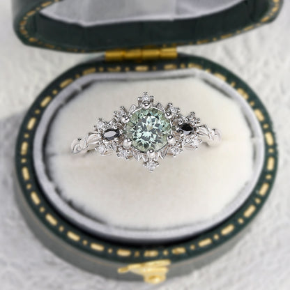 Unique Briar Rose Round Green Lab Sapphire and Black Moissanite Ring
