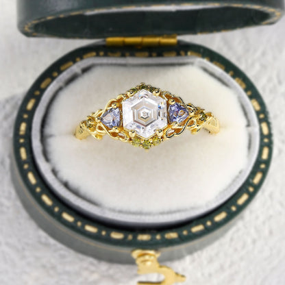 Unique Three Stone Hexagon Moissanite and Lab Sapphire Leaf Ring