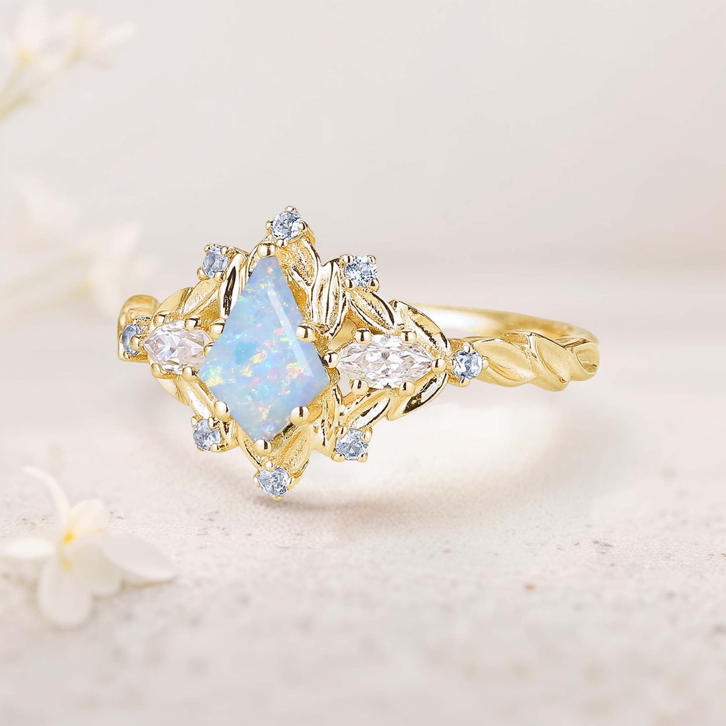 Unique floral engagement rings Kite Lab Opal Engagement Ring Leaf Flower Aquamarine Wedding Ring