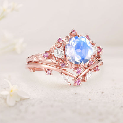 Unique floral engagement rings Round Lab Moonstone and Moissanite Ring Set