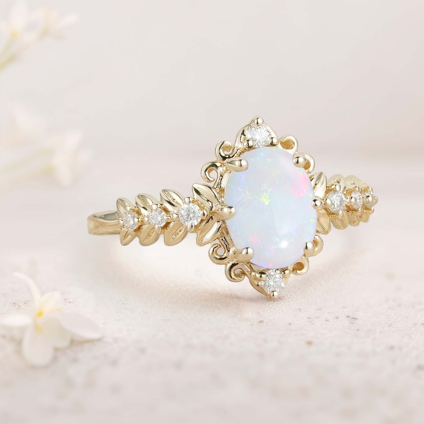 Unique Elegant Royal Oval Lab Opal Filigree Leaf Engagement Ring