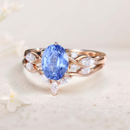 Vintage Oval Lab Sapphire and Moissanite Curved Wedding Ring Set Bridal Ring Set