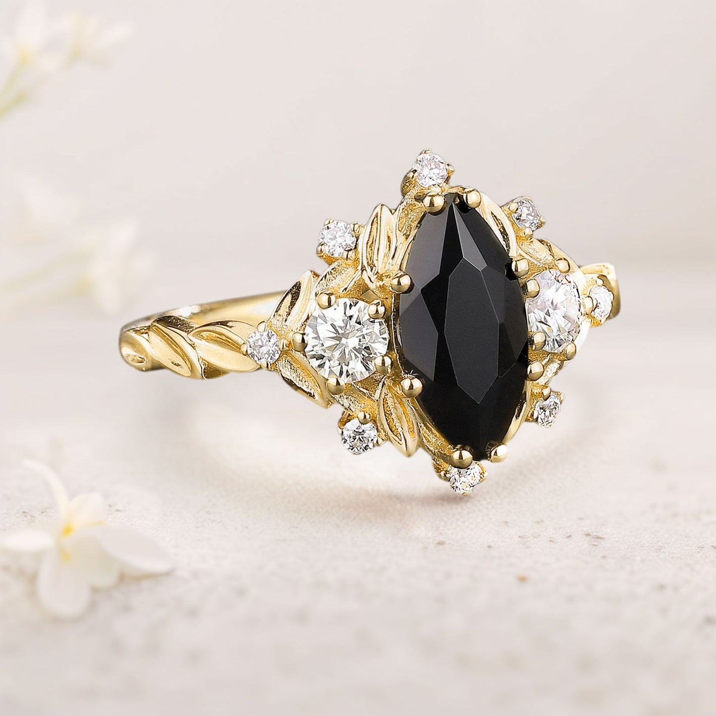 Unique floral engagement rings Marquise Black Onyx Ring Brilliant Moissanite Cluster Leaf Wedding Ring