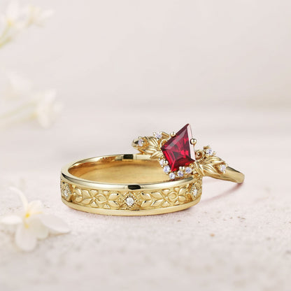 Vintage Kite Lab Ruby Promise Ring Engagement Ring Set for Couples