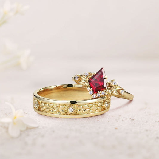 Vintage Kite Lab Ruby Promise Ring Engagement Ring Set for Couples