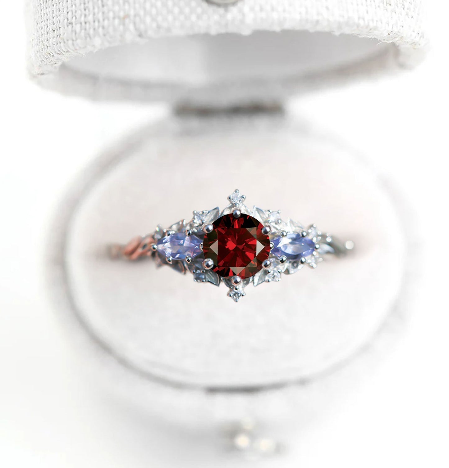 Unique Briar Rose Three Stone Round Garnet and Lab Tanzanite Anniversary Ring
