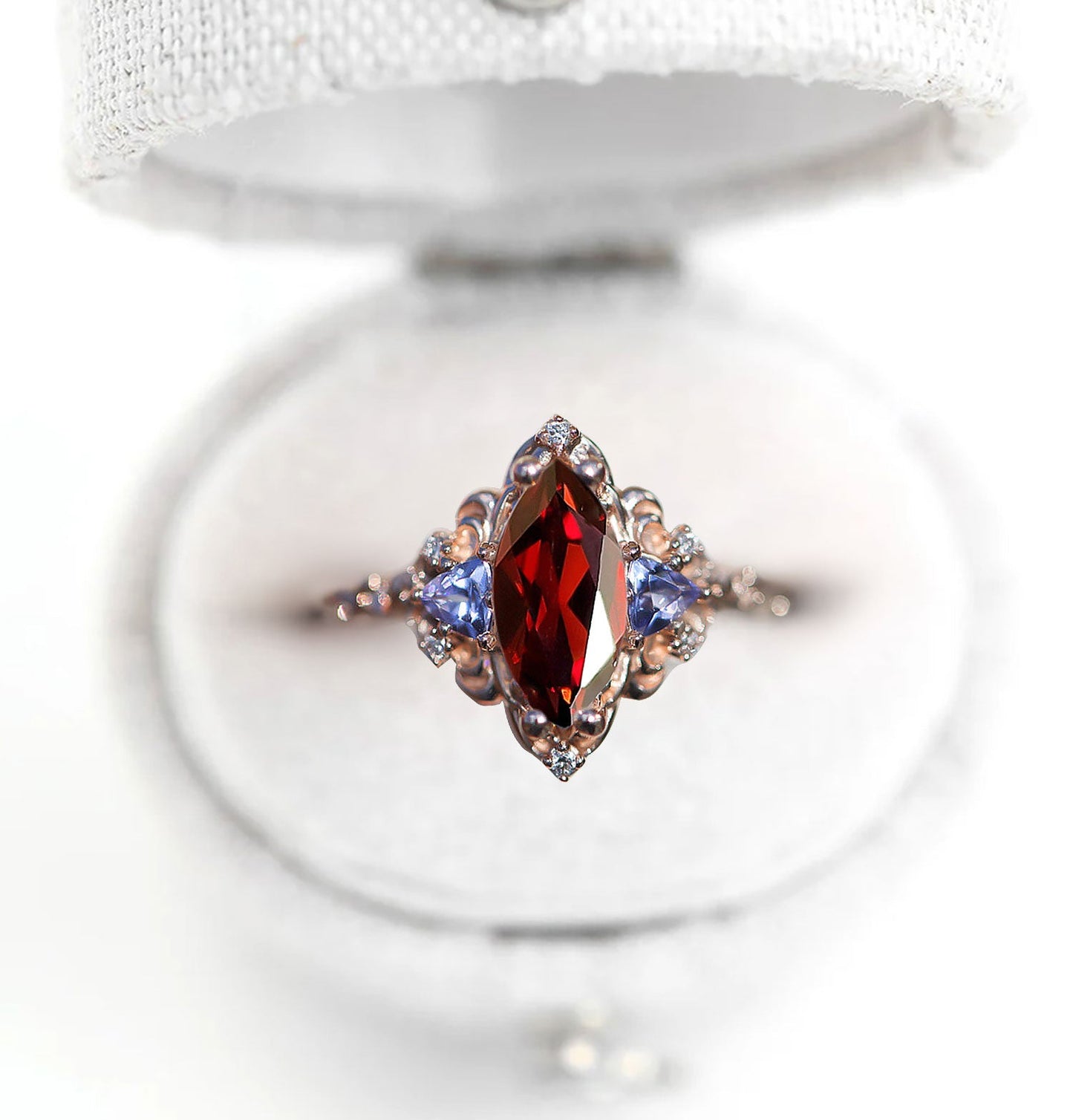 Unique Aurora Three Stone Marquise Garnet and Color Moissanite Anniversary Ring
