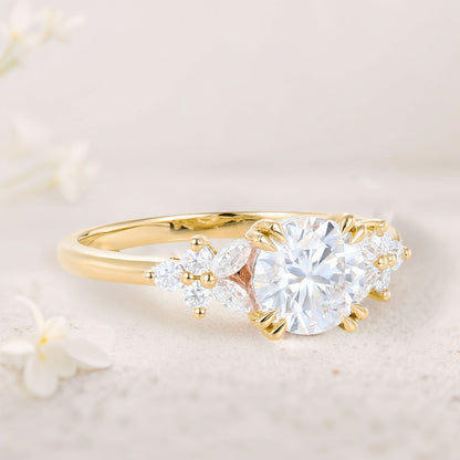 Unique Round Moissanite Floral Cluster Engagement Rings Double Prong Bridal Ring