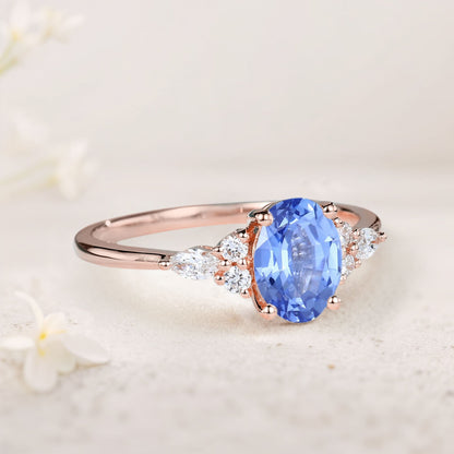 Vintage Oval Lab Sapphire Cluster Engagement Ring