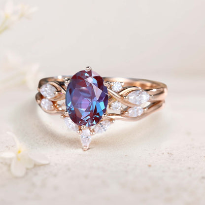 Vintage Oval Lab Alexandrite and Moissanite Curved Wedding Ring Set Bridal Ring Set