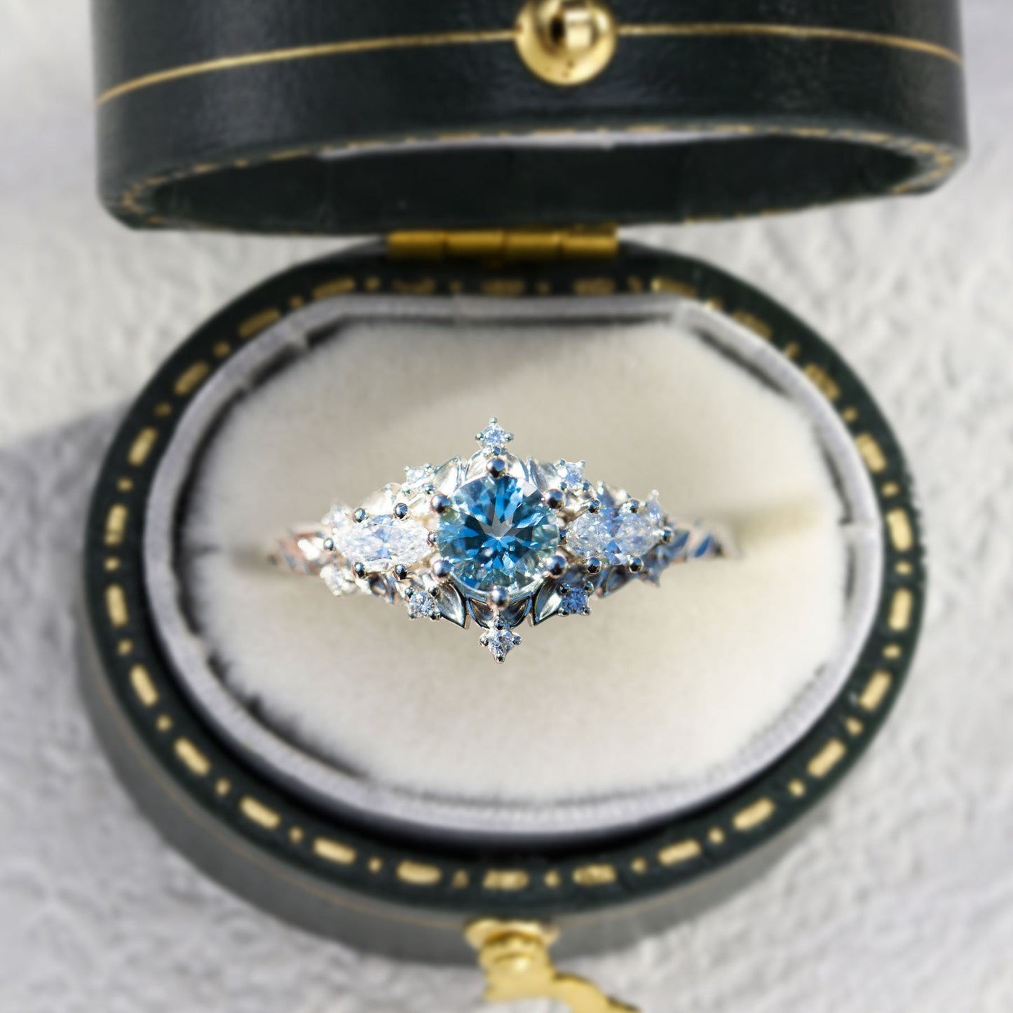 Unique Briar Rose Round Lab Aquamarine and Moissanite Ring