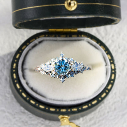 Unique Briar Rose Round Lab Aquamarine and Moissanite Ring