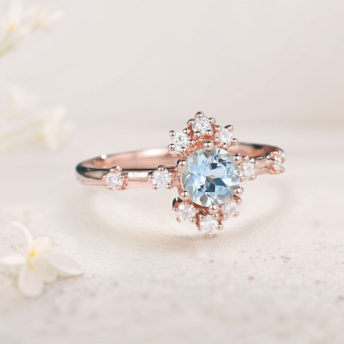 Unique Round Lab Aquamarine Promise Ring For Women