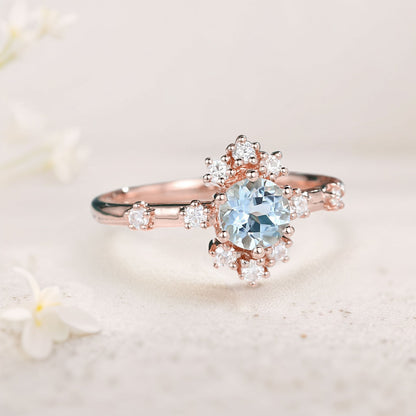 Unique Round Lab Aquamarine Promise Ring For Women