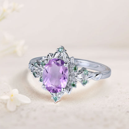 Vintage Briar Rose Halo Oval Amethyst Engagement Ring Olive Leaves Ring