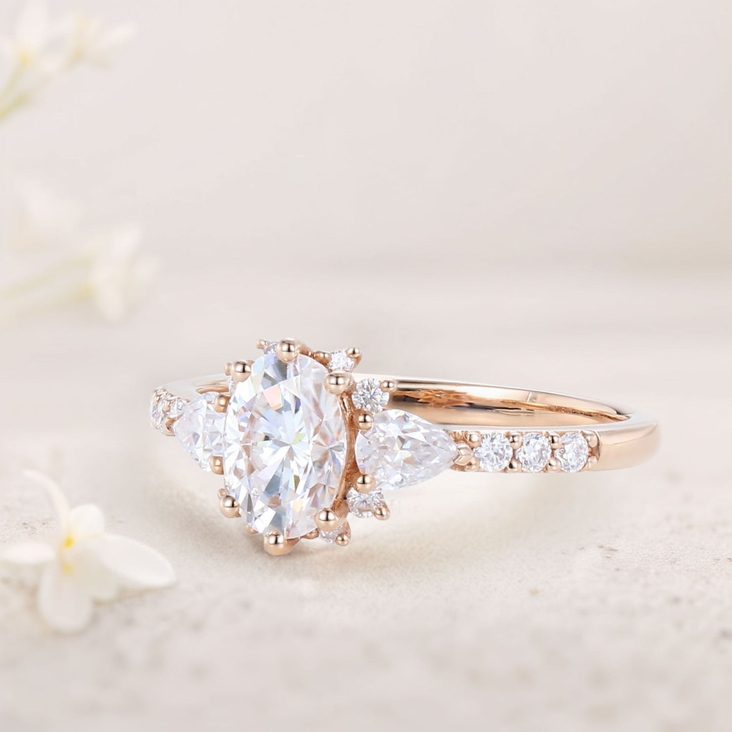 Unique Halo Oval Moissanite Engagement Ring Bridal Ring