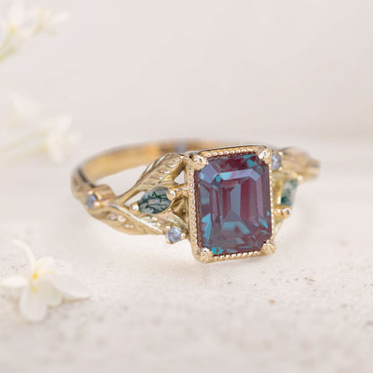Vintage floral engagement rings Emerald cut Lab Alexandrite Engagement ring Promise ring