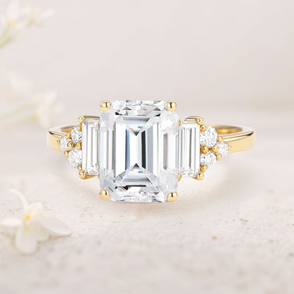 Unique Floral Three stone Emerald Cut Moissanite Engagement Ring