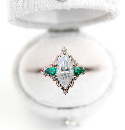 Unique Briar Rose Five Stone Marquise Moissanite and Lab Emerald Ring
