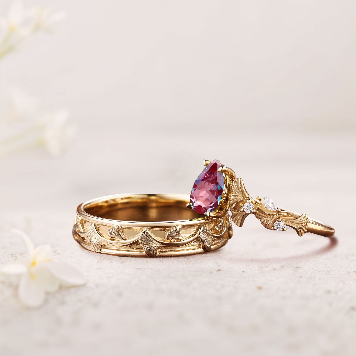 Vintage Pear Lab Alexandrite Engagement Couples Ring Set For Wedding Gift