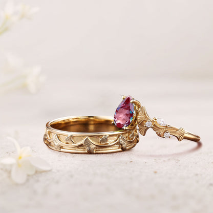 Vintage Pear Lab Alexandrite Engagement Couples Ring Set For Wedding Gift