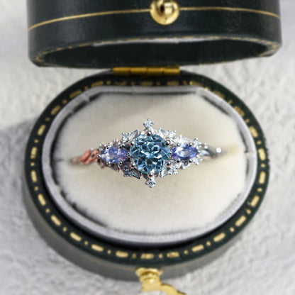 Unique Briar Rose Three Stone Round Lab Aquamarine and Tanzanite Ring