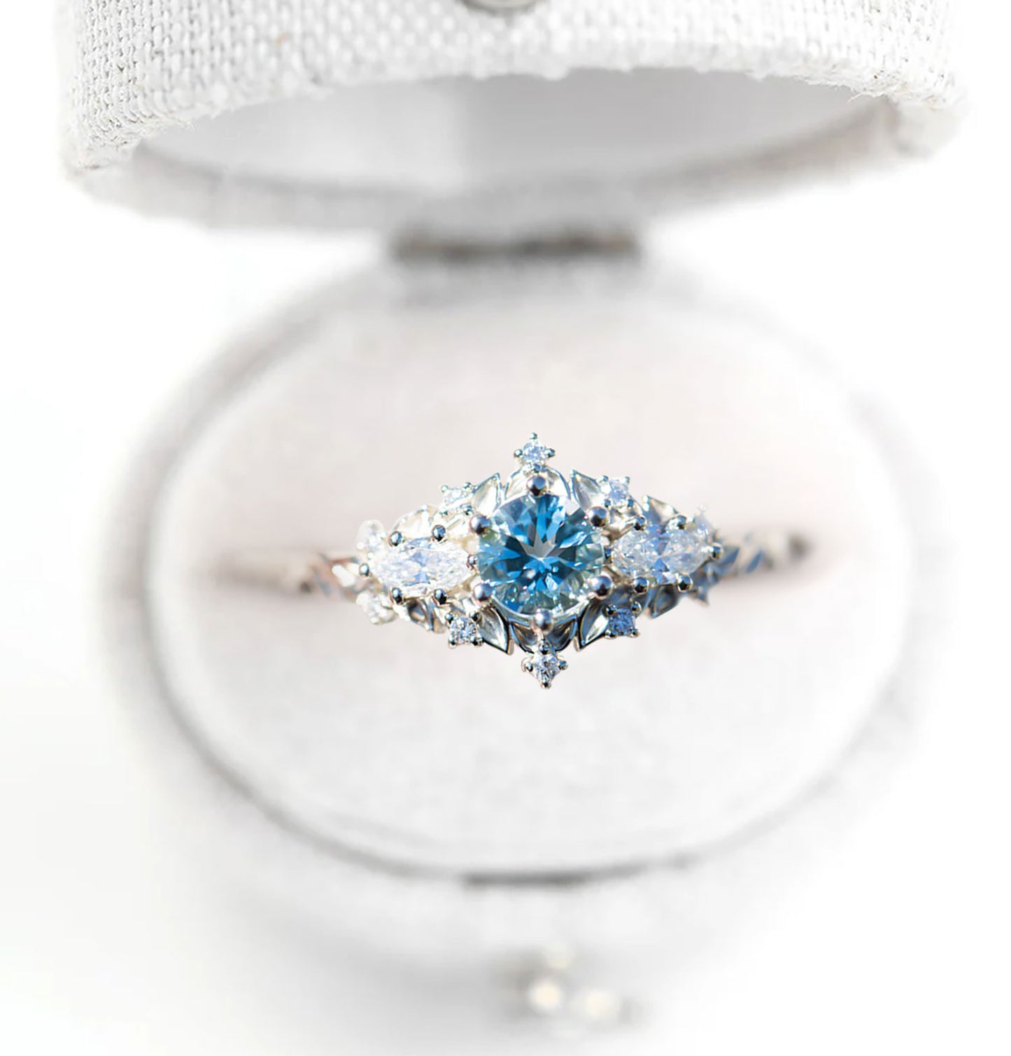 Unique Celeste Rose Round Lab Aquamarine and Moissanite Ring