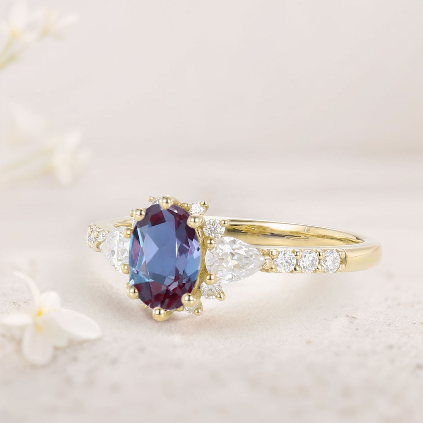 Unique Halo Oval Lab Alexandrite Engagement Ring Bridal Ring