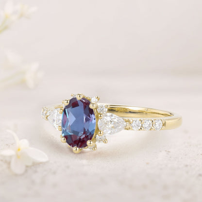 Unique Halo Oval Lab Alexandrite Engagement Ring Bridal Ring