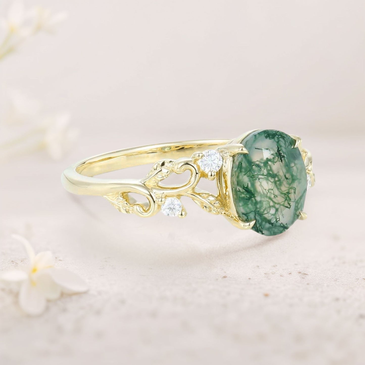 Unique floral engagement rings Oval Moss Agate Claw Engagement Ring Ornate Green Bridal Ring