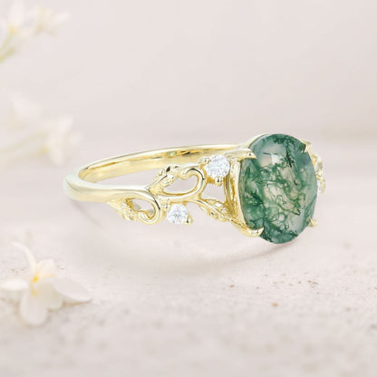 Unique floral engagement rings Oval Moss Agate Claw Engagement Ring Ornate Green Bridal Ring