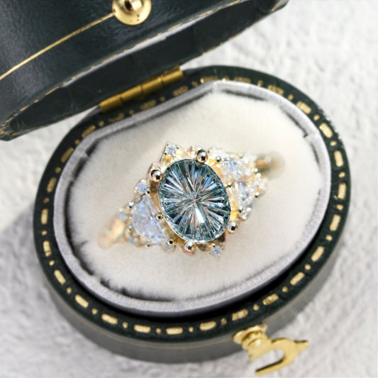 Vintage Starbrite Cut Oval lighter Green Lab Sapphire and Moissanite Ring