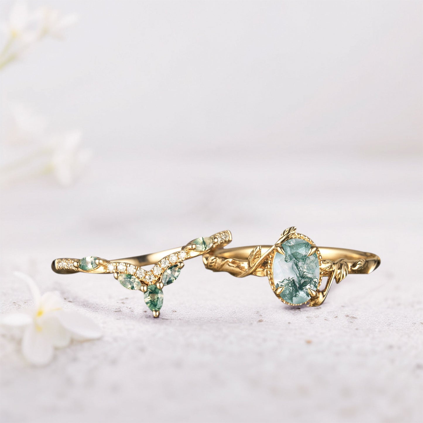 Unique Oval Moss Agate Twig Wedding Ring Set Bridal Ring Set