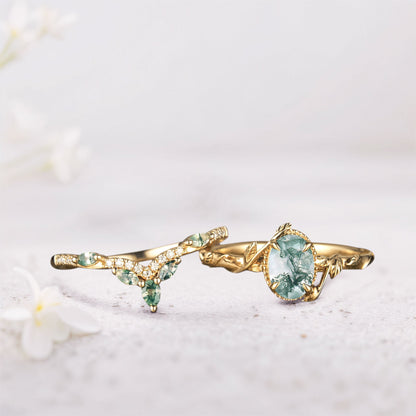 Unique Oval Moss Agate Twig Wedding Ring Set Bridal Ring Set