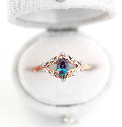 Unique Floral Rose Pear Lab Alexandrite Ring